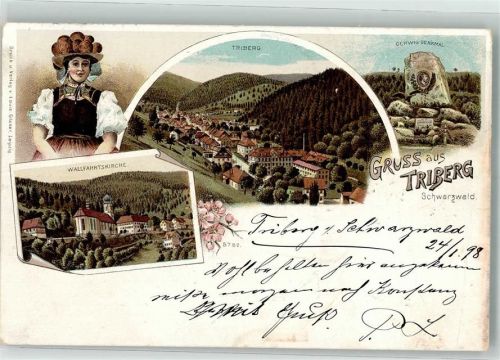 Triberg 1898 Tracht Wallfahrtskirche Gerwig-Denkmal Lithographie Verlag Louis Glaser