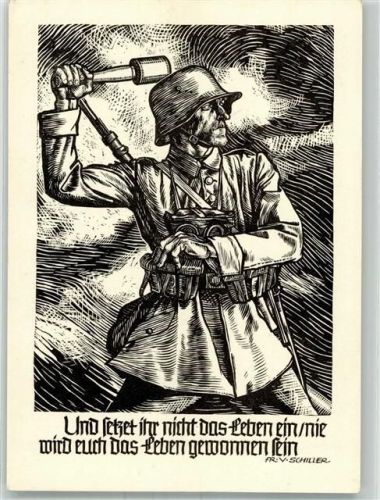 Landser in Uniform wirft eine Handgranate Linolschnitt Kriegshilfswerk des Deutschen Rotes Kreuz WK II