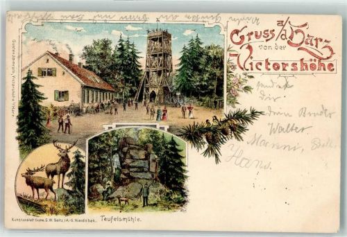 Quedlinburg 1899 Victorshöhe Teufelsmühle Hirsch Jäger mit Hund