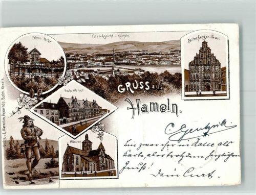 Hameln 1898 Rattenfänger-Haus Rattenfänger Münster Hochzeitshaus Lithographie Bahnpost Halle- Zg. 246