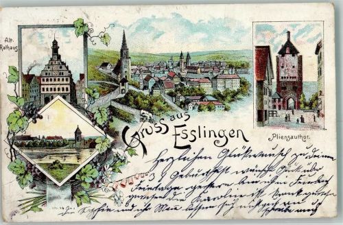 Esslingen 1897 Lithographie Altes Rathaus Pliensautor