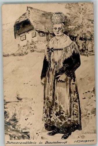 St. Georgen 1931 sign. Eschbach Schwarzwälderin im Brautschmuck Ort handschriftlich