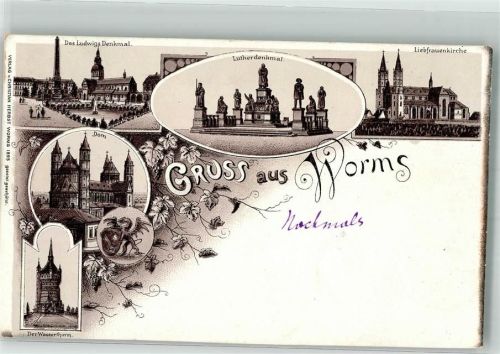 Worms 1896 Lithographie Vorläufer Ludwigs Denkmal Luther Denkmal Liebfrauenkirche beschnitten