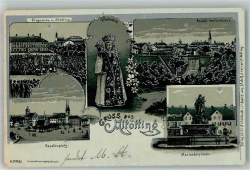 Altötting 1900 Prozession Blick vom Griess Kapellenplatz Marienbrunnen