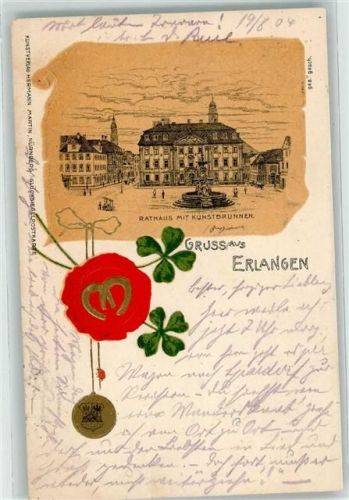 Erlangen 1904 Rathaus Kunstbrunnen Gruss Hufeisen Kleeblatt Wappen