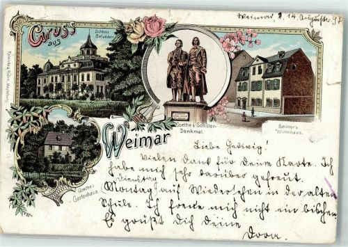 Weimar 1897 Lithographie Goethe und Schiller-Denkmal Goethes Gartenhaus Schloß Belvedere Schillers Wohnhaus