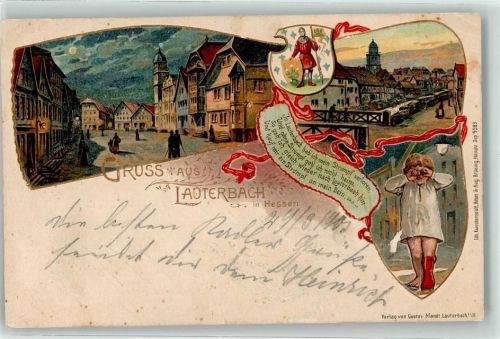Lauterbach 1903 Mädchen Wappen Ritter Gedicht Lithographie