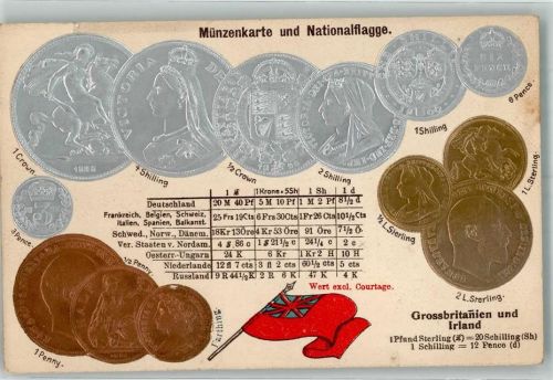 Prägedruck Münzenkarte und Nationalflagge Großbritanien