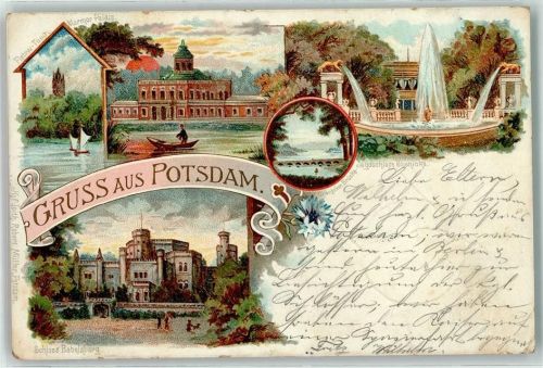 Potsdam 1897 Flatow Turm Marmor Palais Jagdschloss Clienicke Schloss Babelsberg Ruderboot Segelbbot Springbrunnen Brücke Gruss Bahnpost Berlin Cassel Zug Nr.54 1897