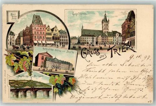 Trier 1897 Hotel Rotes Haus Gangolfskirche Kurfürstliches Schloss und Basilika Moselbrücke mit Mariensäule Verlag Zieher, Ottmar