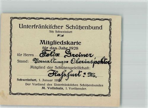 Haßfurt Unterfränkischer Schützenbund Mitgliedskarte 1928 Ort handschriftlich