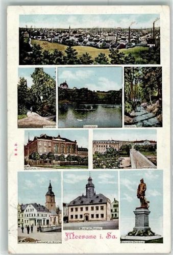 Meerane 1910 Markt Rathaus Bismarck Denkmal Georgenplatz Promenade Realschule Kirche Neumarkt Fabrik Gondelteich
