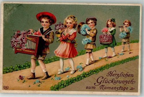 1912 Geburtstag Kinder Musikanten Gratulenten mit Vergissmeinnicht