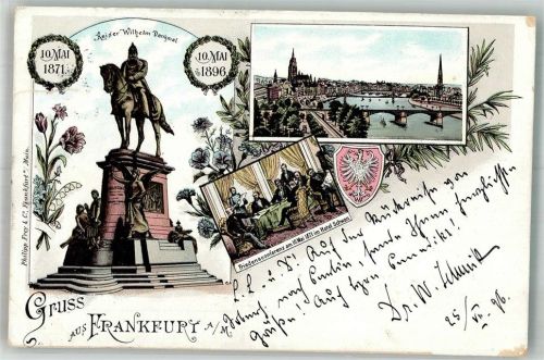 Frankfurt 1896 Lithographie Kaiser Wilhelm-Denkmal Friedenskonferenz Wappen Mainbrücken Einriß