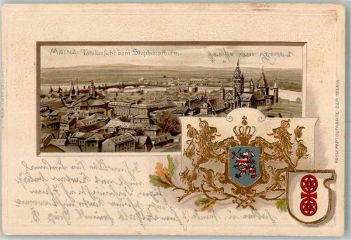 Mainz 1900 Panorama der Stadt mit Dom St. Martin Stadtwappen Passepartout Lithographie