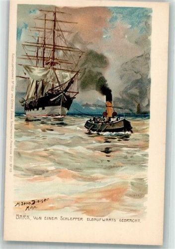 1900 Bark Segelschiff von einem Schlepper elbaufwärts gezogen Zieher, Ottmar Nr. 1859