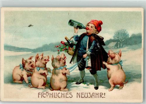 1911 Kind hat Ferkel an der Leine Wein trinken Mistelzweige Neujahr