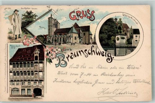 Braunschweig 1899 Bahnpost Lehrte Nordstemmen Zug 677 4.8.99 Haus Sack Lessing Denkmal