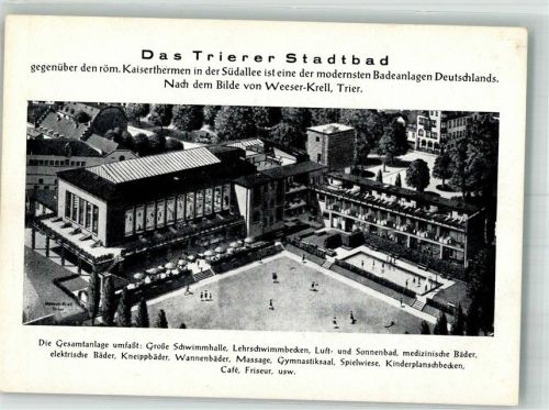 Trier sign. Weeser-Krell Vogelschau vom Stadtbad Schwimmbad Künstlerkarte