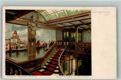 Treppe Rauchsalon Hamburg-Amerika-Line Dampfer Auguste Victoria / Dampfer Viktoria 1900 Lithographie / Künstlerkarte
