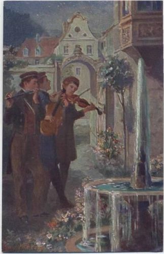 um 1910/20 Studenten, Musikinstrumente, Brunnen, Lied, Künstler-AK,sign. G. Mühlberg