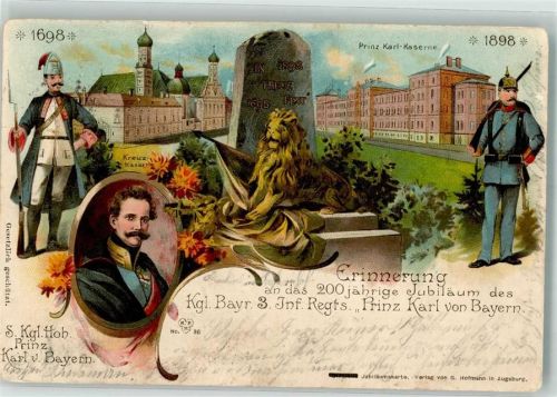 1898 200jähr. Jubiläum des Kgl.Bayr. 3. Inf. Regts Prinz Karl von Bayern Litho Prinz Karl Kaserne und Kreuz Kaserne