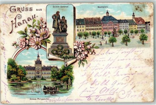 Hanau 1904 Grimm-Denkmal Schloß Philippsruhe Marktplatz Lithographie