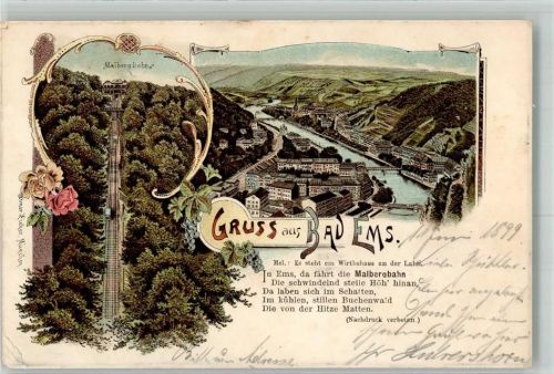 Bad Ems 1899 Lithographie Ottmar Zieher Malbergbahn