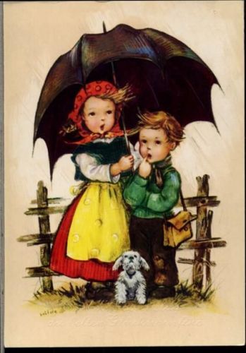 1988 Kinder, Regenschirm, Hund,sign. Hilde
