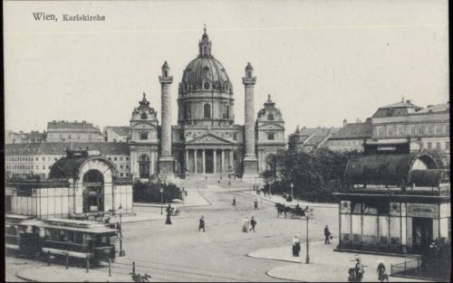 1912 Wien, Karlskirche, Straßenbahn,Nachbargauers Karten.Zentrale
