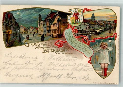 Lauterbach 1904 Marktplatz im Mondschein Wappen Sage vom Strumpf Lauterbrücke Künstlerkarte Verlag Gustav Mandt Bahnpost Giessen-Fulda Zug 523