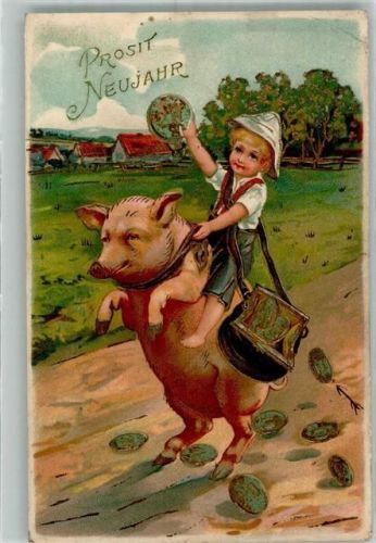 1906 Prägedruck Kind reiten Geld Neujahr