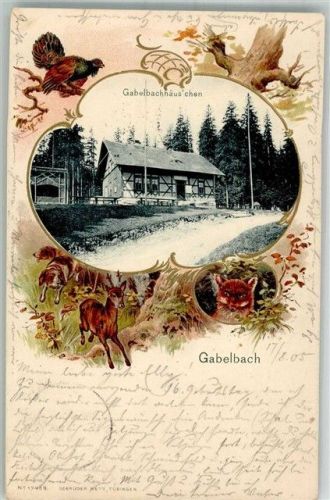 Ilmenau 1905 Gabelbachhäuschen Jagdtiere Jugendstil Lithographie
