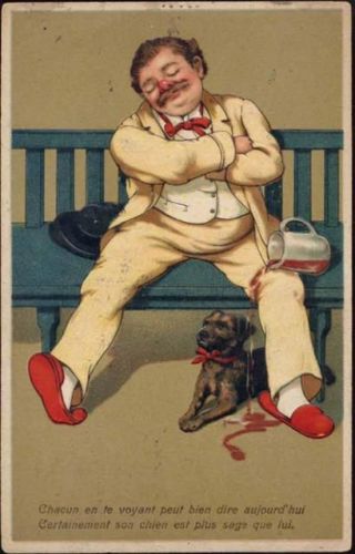 1909 Schlafender Mann auf einer Bank, Rassehund(), Spruch, Krug mit Wein, Humor