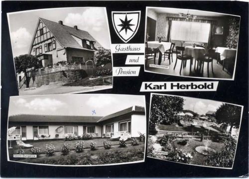 1971 Herbsen bei Volkmarsen, Pension Karl Herbold, innen und außen, Liegewiese mit Springbrunnen,Rosenthal AKU1