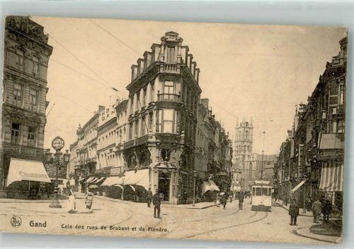 Gand 1916 Feldpost WK I Hohenzollern Kaserne Gent Geschäft Straßenbahn Coin des rues de Brabant et de Flandre