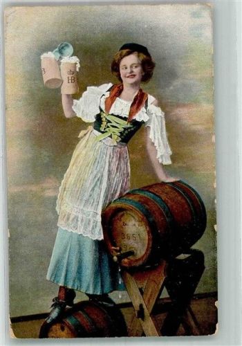 Holzkirchen 1915 Kellnerin in bayerischer Tracht mit HB-Bierkrügen und Bierfass Werbung Gasthaus Kirchberger Feldpost WK I