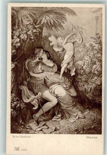 Helena Amor mit Harfe über küssenden Liebespaar Poesie / Liebe Ackermann's Kunstverlag Goethe-Galerie Serie 100 No. 1283