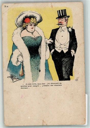 1908 Eleganter Mann rät seiner beleibten Frau zum abnehmen Pelzmode Künstlerkarte