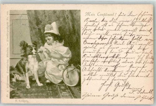 1897 sign. Louyot Als Harlekin verkleidetes Kind mit Hund Ackermann's Kunstverlag No. 224