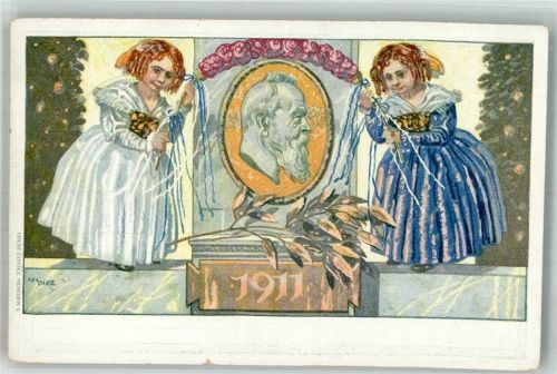 Metten 1911 sign. Diez Zwei Frauen halten Blumengirlande über Portrait von Prinzregent Luitpold Ort lt. Stempel