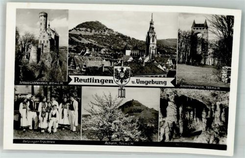 Reutlingen Schloss Lichtenstein 812 m Schönbergturm 793 m Betzinger Trachten Achalm 705 m Höhle Umgebung Wappen Adler