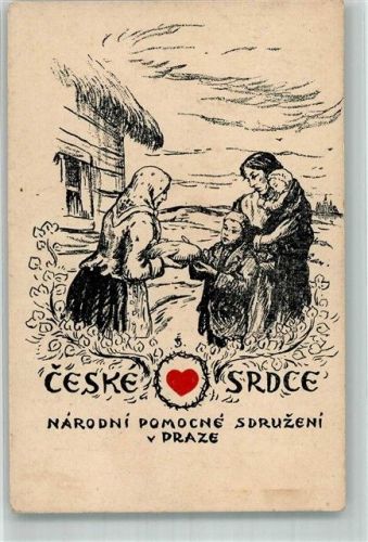 1919 Nationale Hilfsorganisation Tschechisches Herz Vaterlose Familie empfängt einen Laib Brot Künstlerkarte