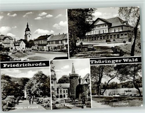 Friedrichroda Blick zur Kirche Parkhotel Partie im Kurpark Schloß Reinhardsbrunn Gondelteich
