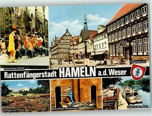 Hameln Rattenfänger Spiele Fußgängerzone Fachwerkhäuser Anlagen am Theater Rattenfänger-Glockenspiel Partie an der Weser