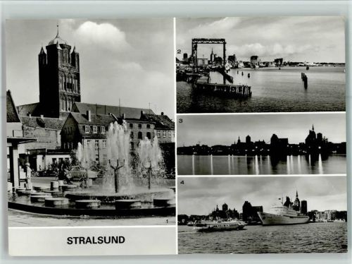 Stralsund Wasserspiele an der Ossenreyer Straße Blick von der Rügendammbrücke Blick auf den Hafen 4-Bildaufnahme