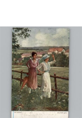 Jos. Süß , Er kommt , Frauen mit Hut und Schirm