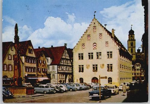 Bad Mergentheim H. Heinrich - Ehrler - Platz, Ratskeller, Fachwerk, Brunnen, VW Käfer