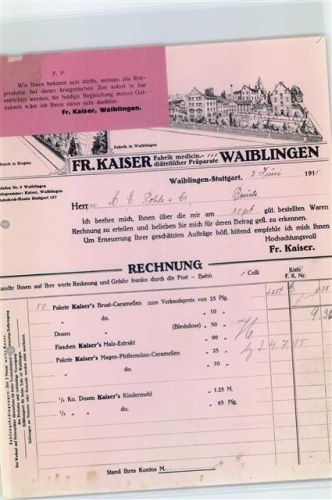 Waiblingen Firmenrechnung Fr. Kaiser, Fabrik medizin.-diätischer Präperate