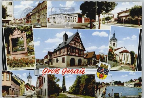 Groß-Gerau Darmstädter-Straße, Altrer-Brunnen. Kirchstraße, Rathaus, Schwimmbad, Evgl. Kirche, Marktplatz, gel. 02.07.71